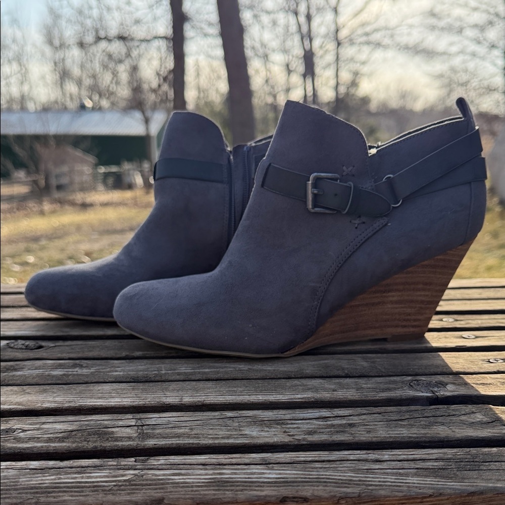 Report Gray Suede Wedge Ankle Booties